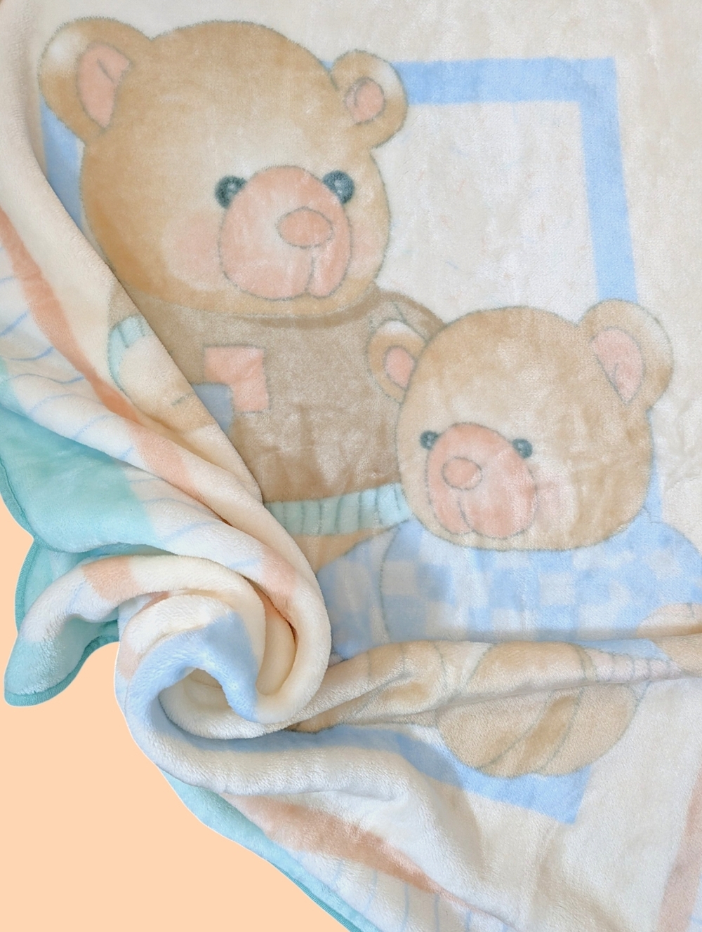 Vintage Novatex Baby Blanket Teddy Bear Sweaters 51in x 42in Pastel Plush Granny